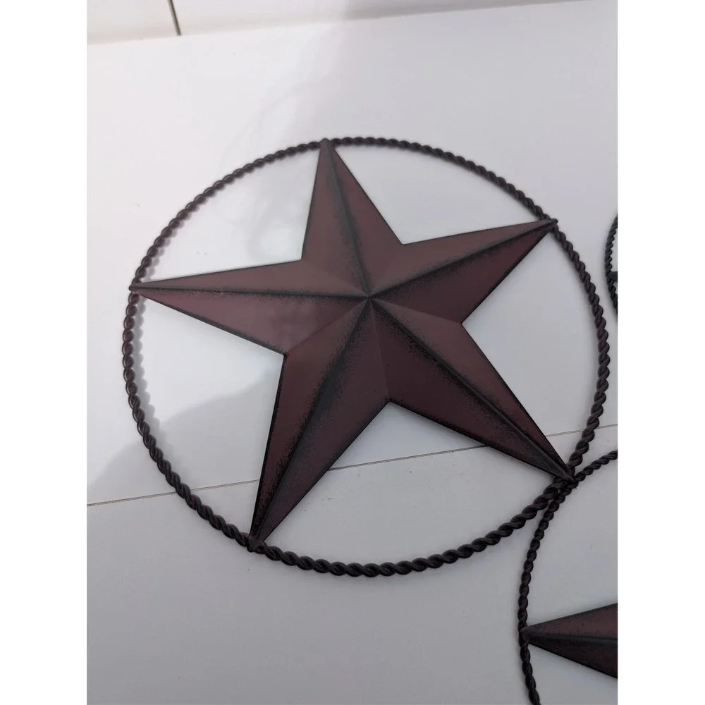 Rustic Metal Barn Star Wall Art Set of 3 Twisted Rope Circle Burgundy Black